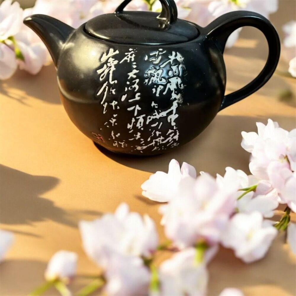 Teapot Matte Black Asian With Calligraphy Modern Decor